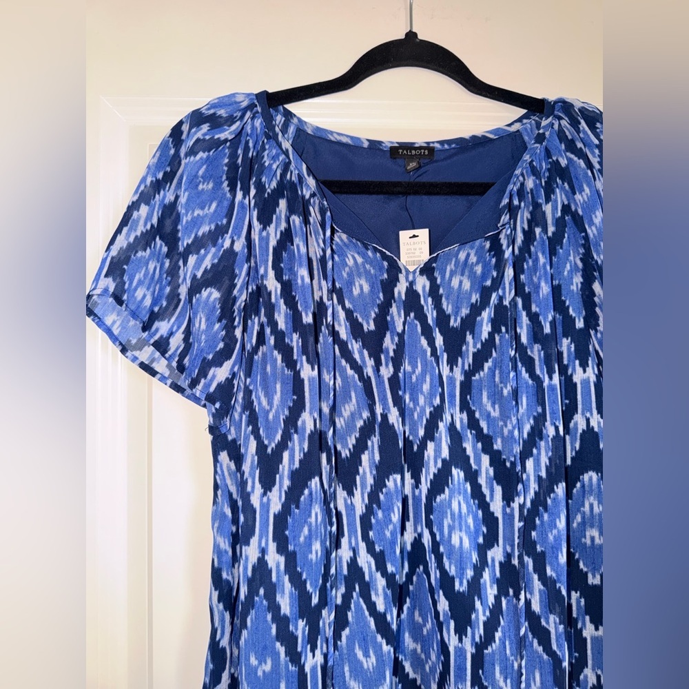 Talbots Blue Geometric Tie Neck Blouse Women’s size XS - Picture 4 of 8